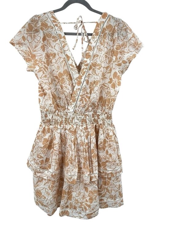 American Eagle Outfitters Dresses & Skirts - AMERICAN EAGLE Women's Tan White Floral Double V-Neck Tiered Short Dress NWT Med